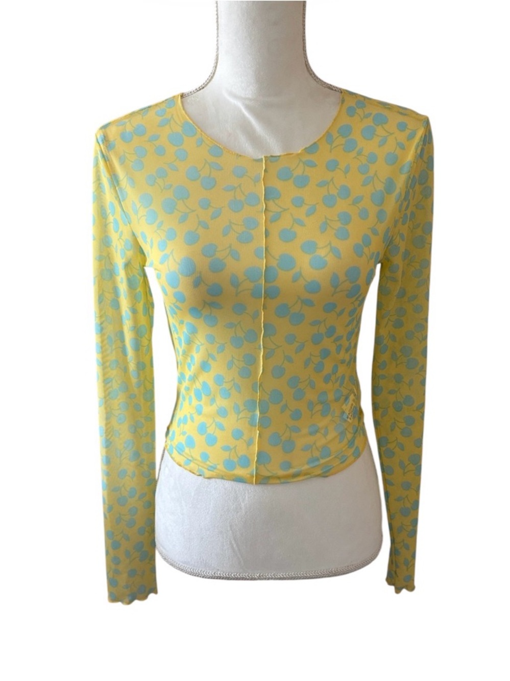 Sheer Yellow & Light Blue Printed Long-Sleeve Women's Top